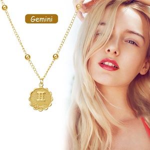 Gemini Astrology Sign Necklace Round Coin Pendant Twin Gold Tone Zodiac New